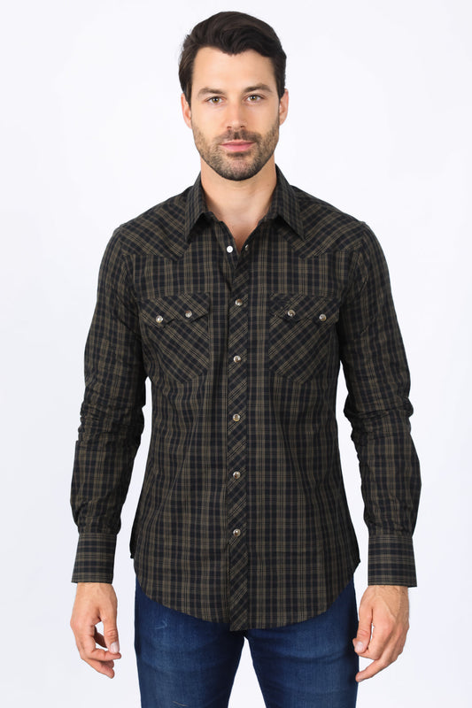 Western Checkered Black Long Sleeve Shirts