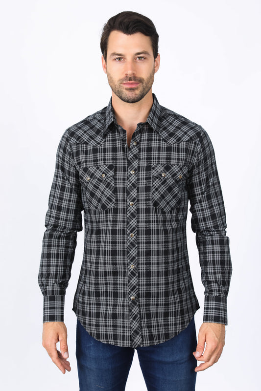 Western Checkered Black Long Sleeve Shirts