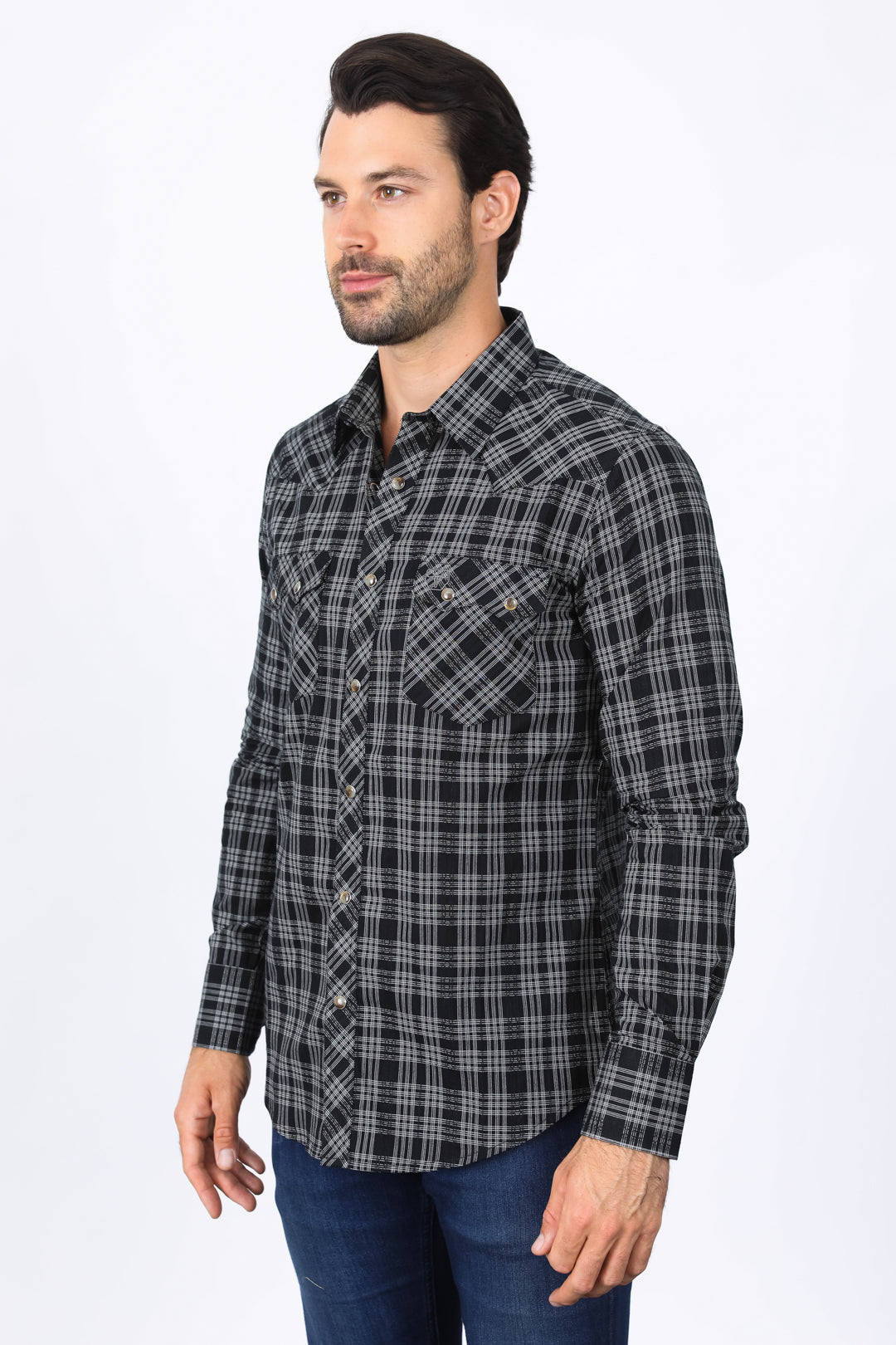 Western Checkered Black Long Sleeve Shirts