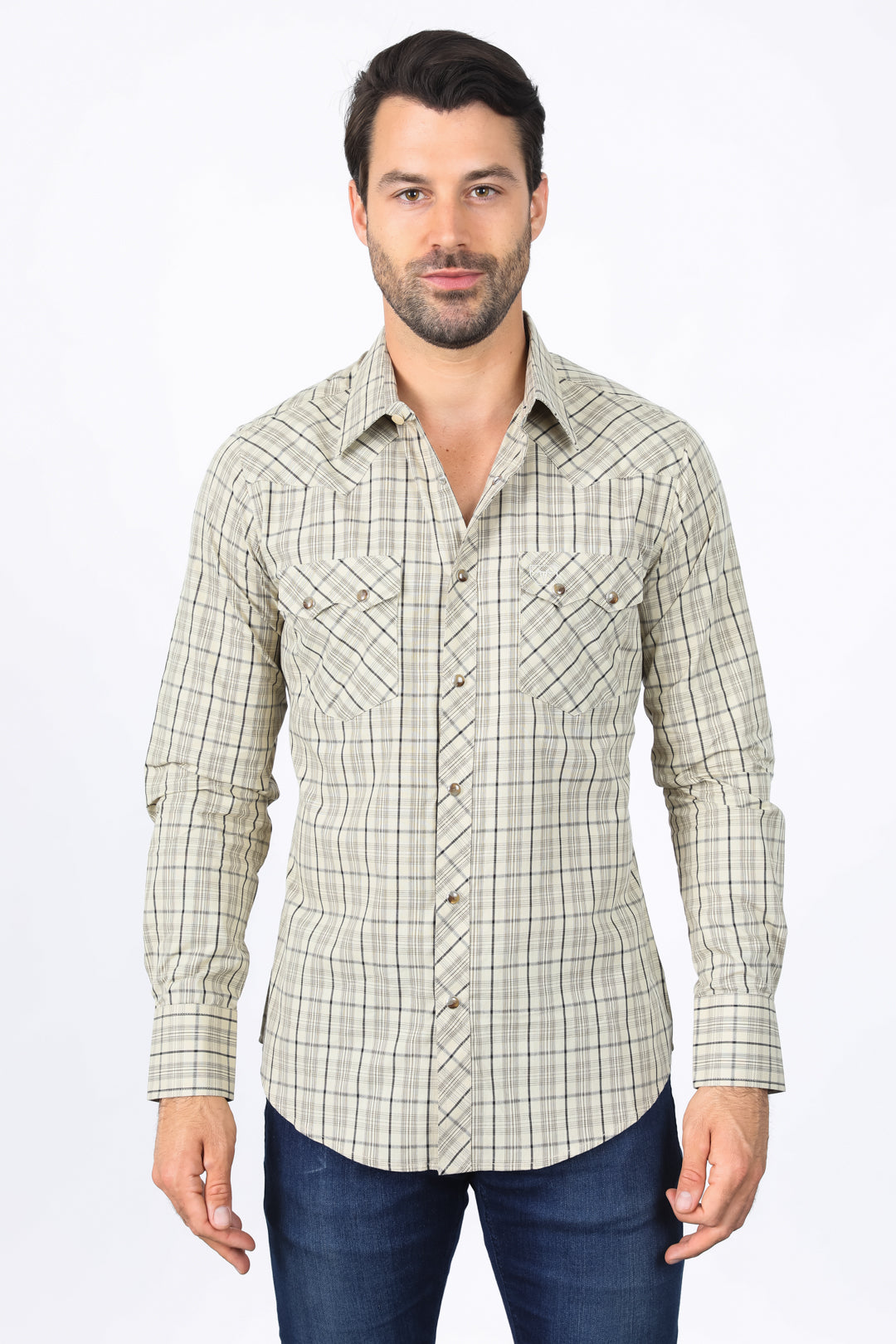 Western Checkered Khaki Long Sleeve Shirts