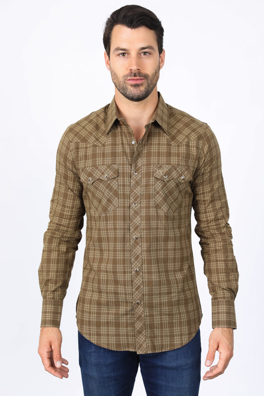 Western Checkered Light Brown Long Sleeve Shirts