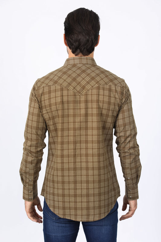 Western Checkered Light Brown Long Sleeve Shirts