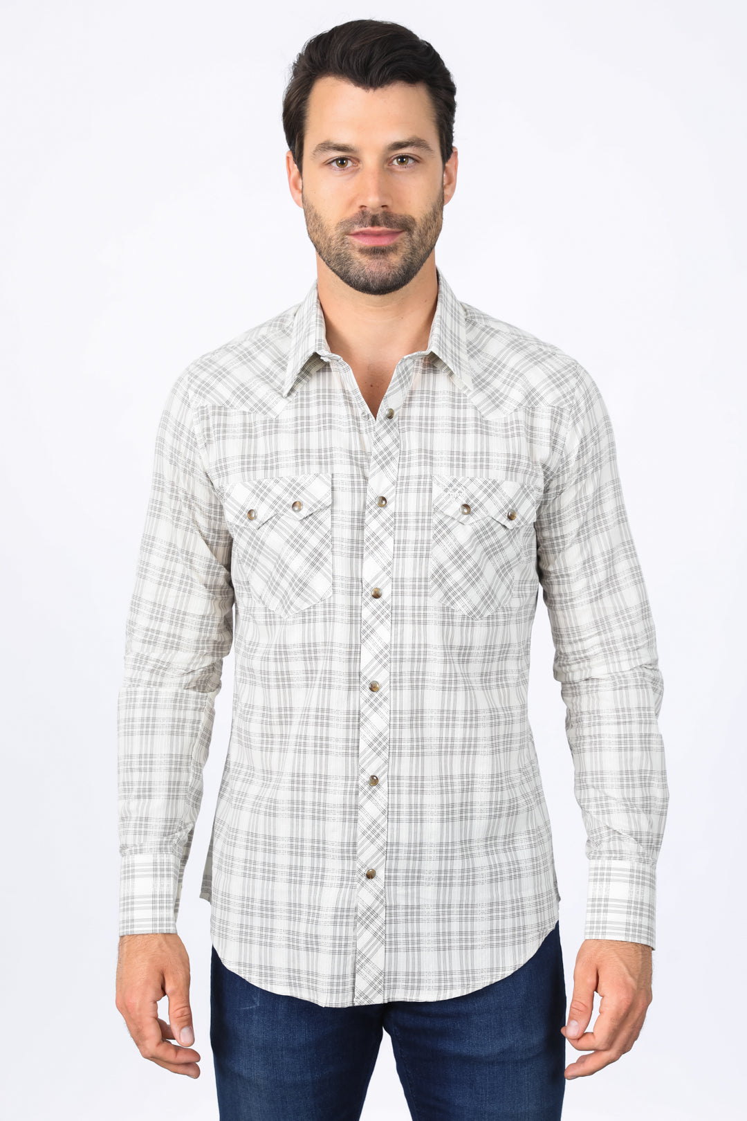 Western Checkered White Long Sleeve Shirts