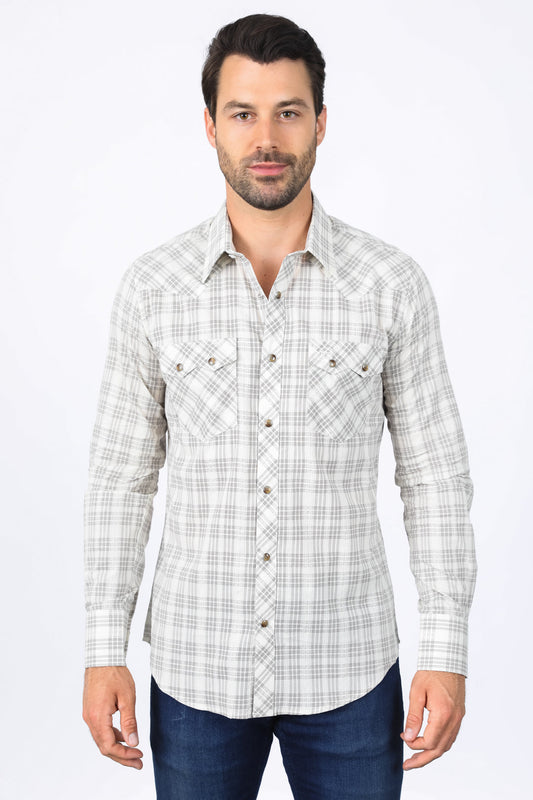 Western Checkered White Long Sleeve Shirts