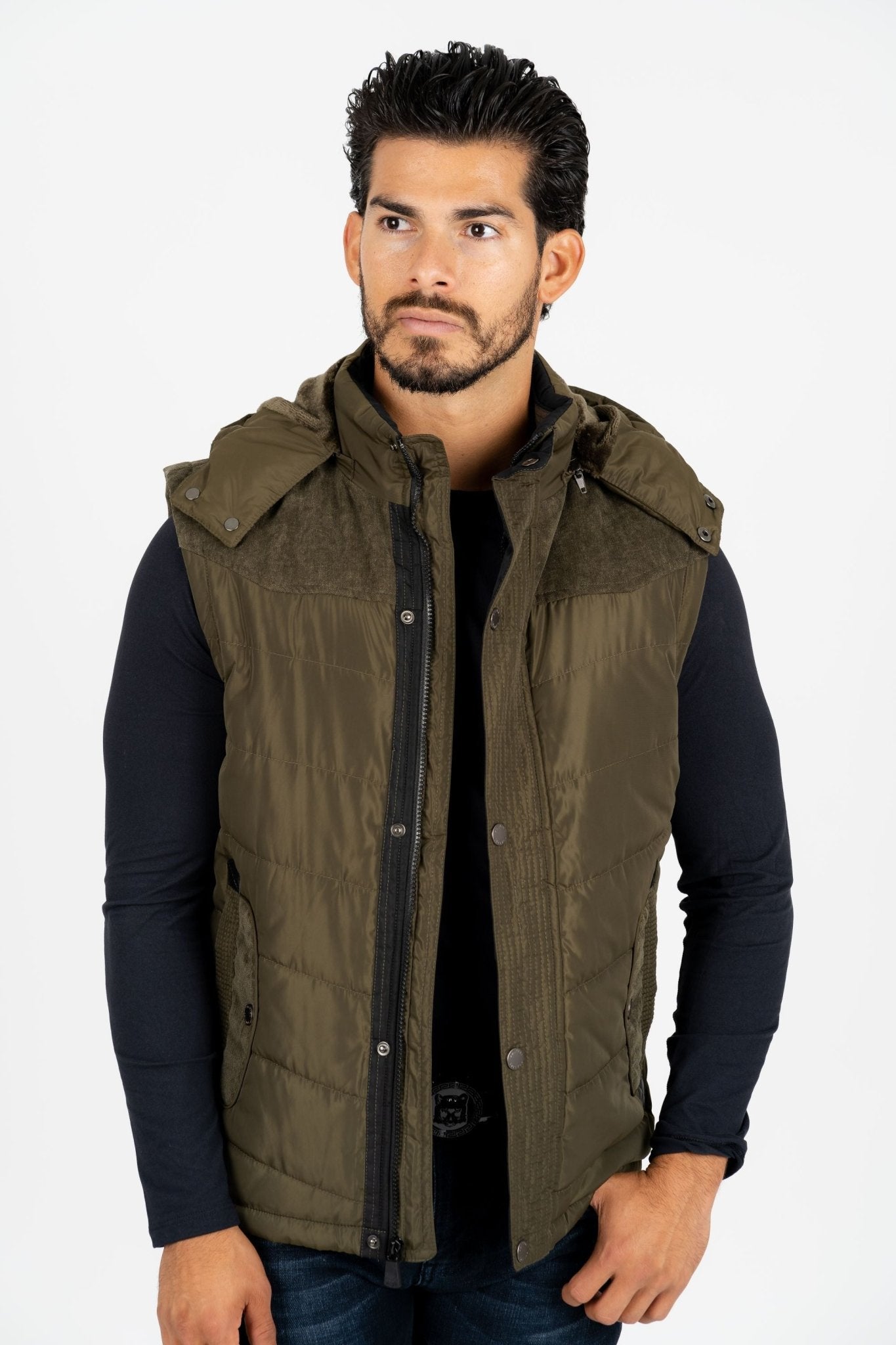 Men's Olive Padded Hooded Vest w/ Faux Fur Lining - Bumpkin Ranchwear