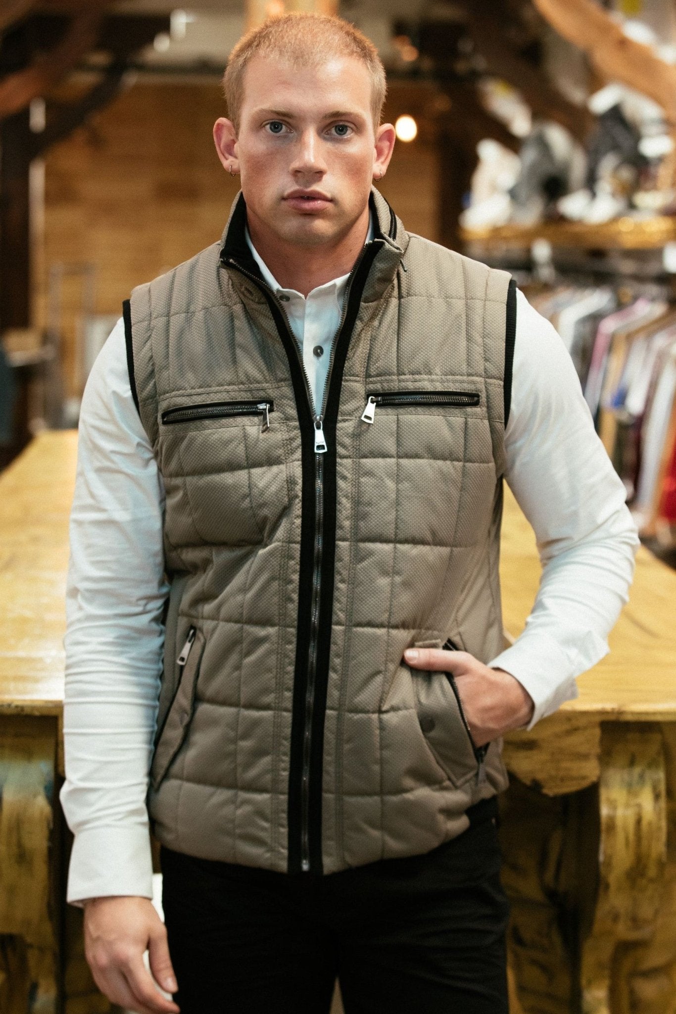 Men's Quilted Fur Lined Vest - Mocha - Bumpkin Ranchwear