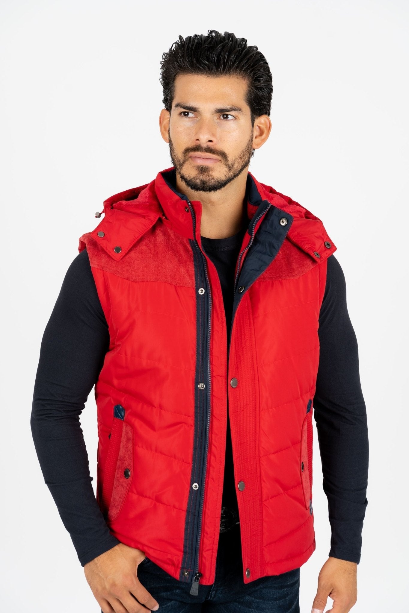 Men's Red Padded Hooded Vest w/ Faux Fur Lining - Bumpkin Ranchwear