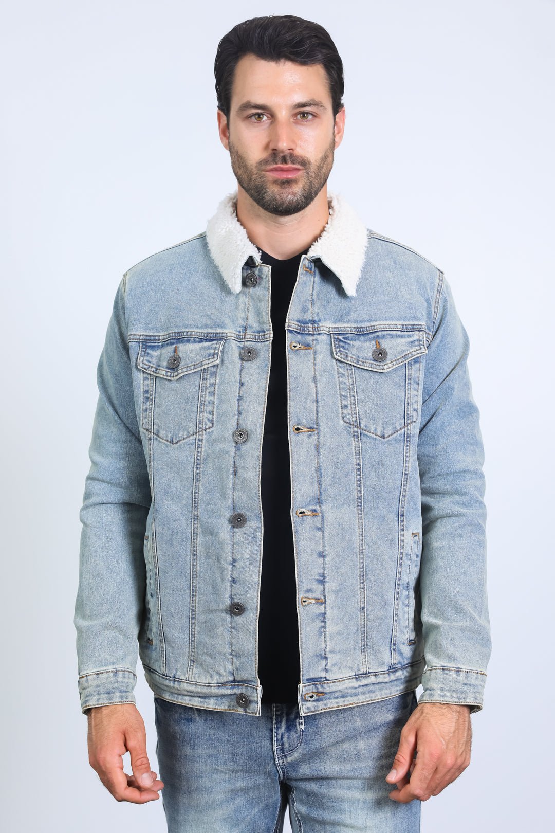 Mens Sherpa Lined Denim Jacket - Tint Blue - Bumpkin Ranchwear