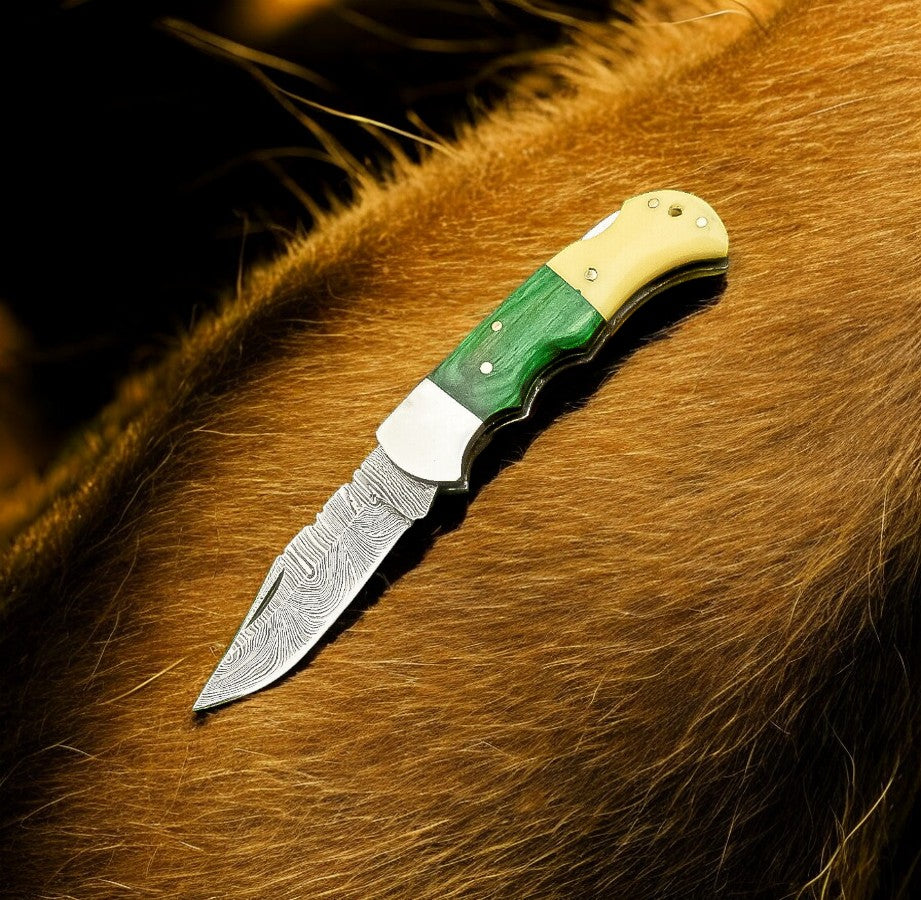 Custom Handmade Damascus Pocket Knife – Bone & Wood Handle