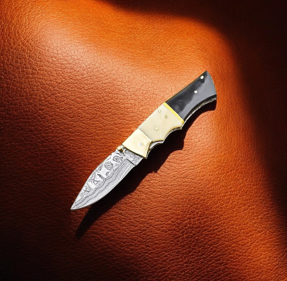 Handmade Damascus Pocket Knife | Bone & Buffalo Horn Handle