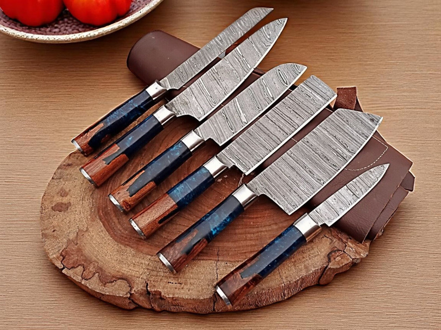 Handmade Damascus Kitchen Knives Set with Leather Roll