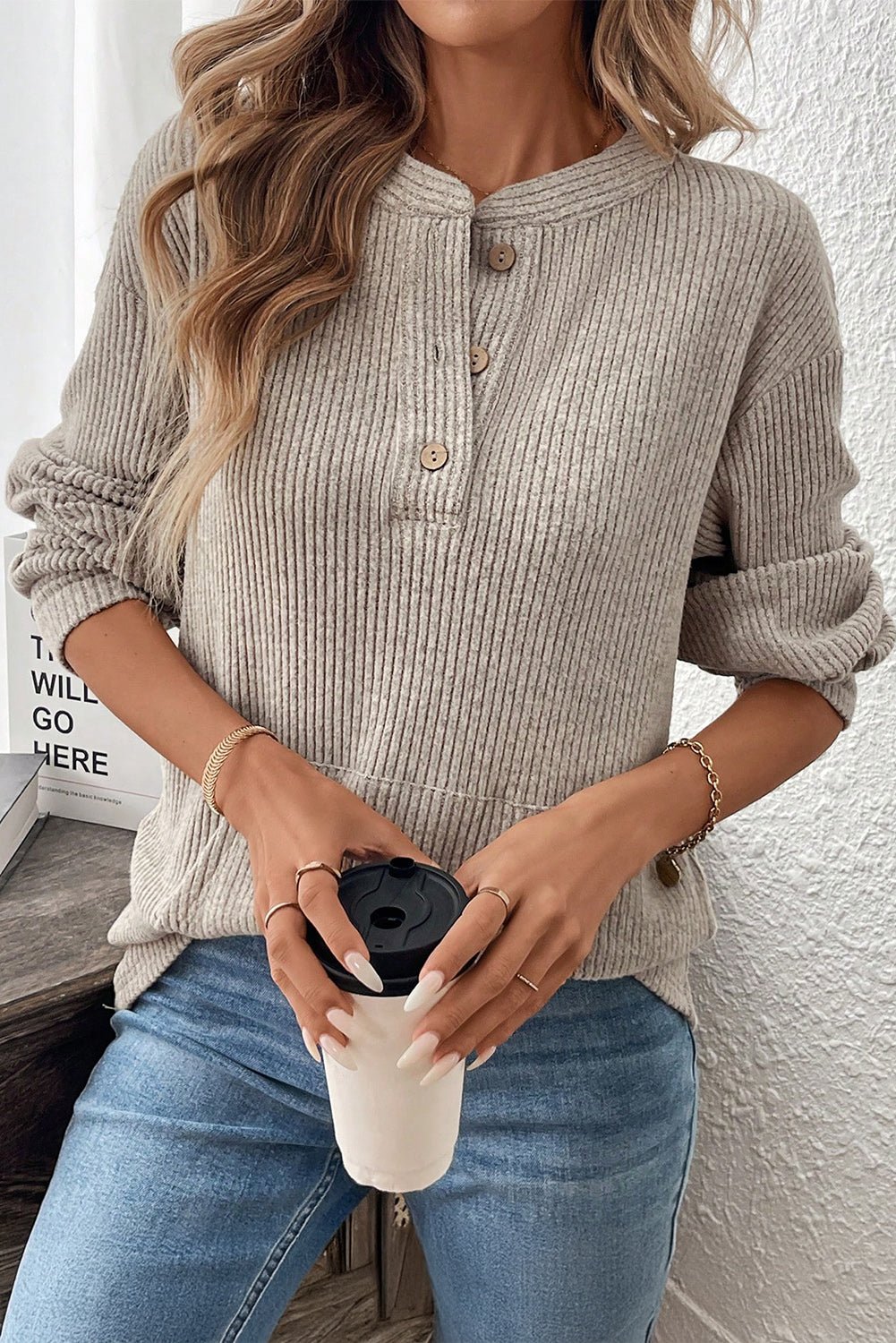 Taupe Ribbed Drop Shoulder Henley Knit Top - Bumpkin Ranchwear