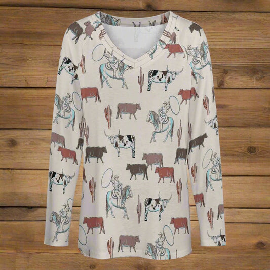 Western Cattle Long Sleeve Top - Bumpkin Ranchwear