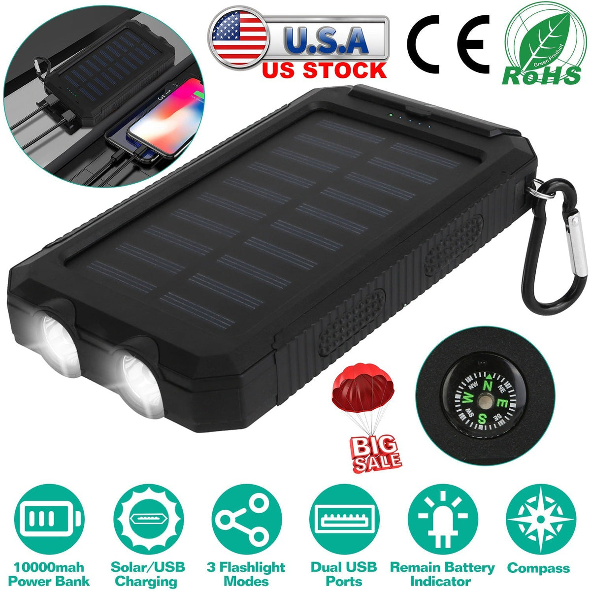 10000mAh Solar Power Bank – Dual USB Outdoor Portable Charger