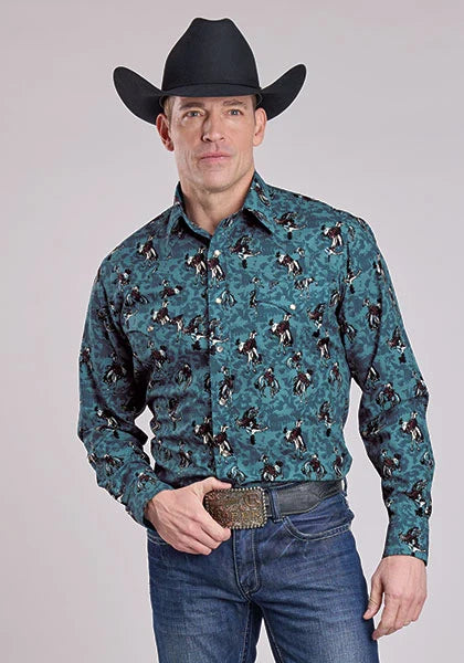 Roper 2627 Brushstroke Cowboys Print (Blue) - Men's Western Shirt