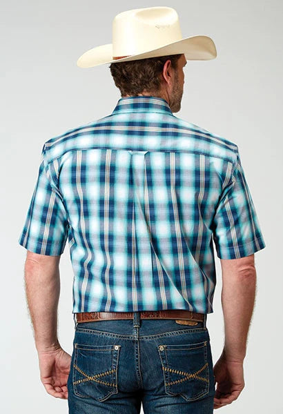 Roper 1938 Cool Breeze Plaid (Blue) - Men's Short Sleeve Shirt