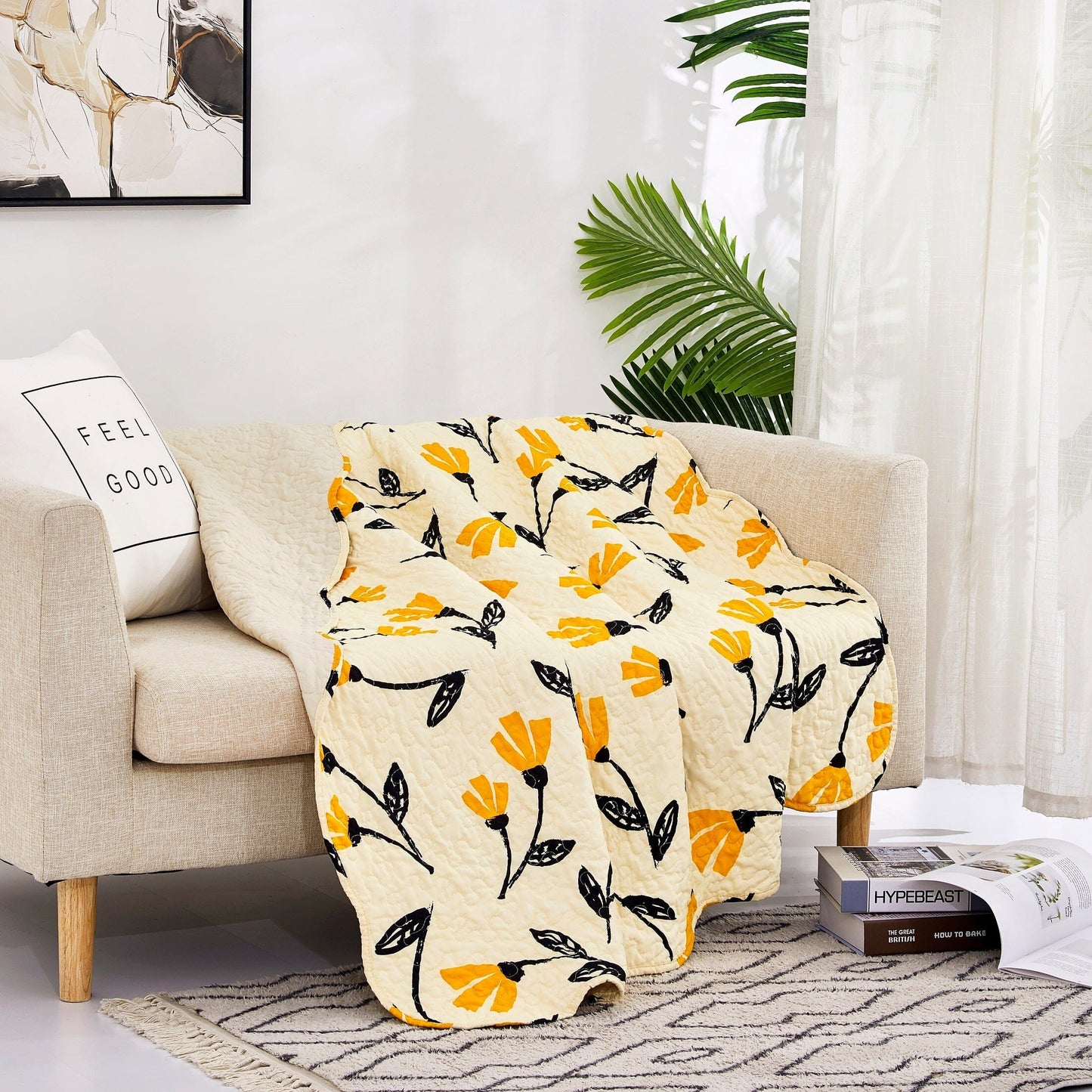 Botanical Floral Throw Blanket - Quilted Yellow Fleur Golden Orange Spring Time Tulips - Scalloped Edges Bright Vibrant Ivory Cream