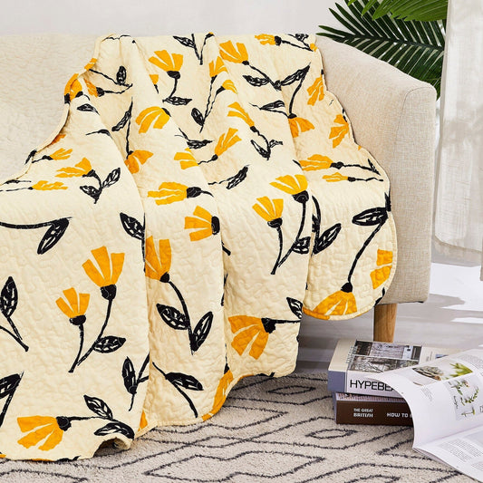 Botanical Floral Throw Blanket - Quilted Yellow Fleur Golden Orange Spring Time Tulips - Scalloped Edges Bright Vibrant Ivory Cream