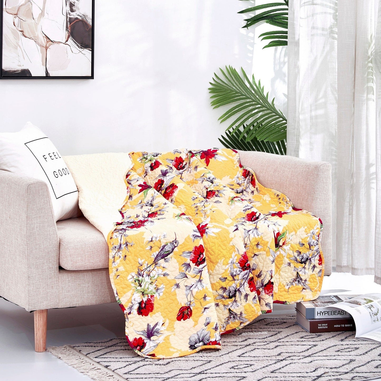Yellow Floral Quilted Throw Blanket - Hummingbirds Farmhouse Red Flowers for Couch, Sofa or Bed- Scalloped Edges