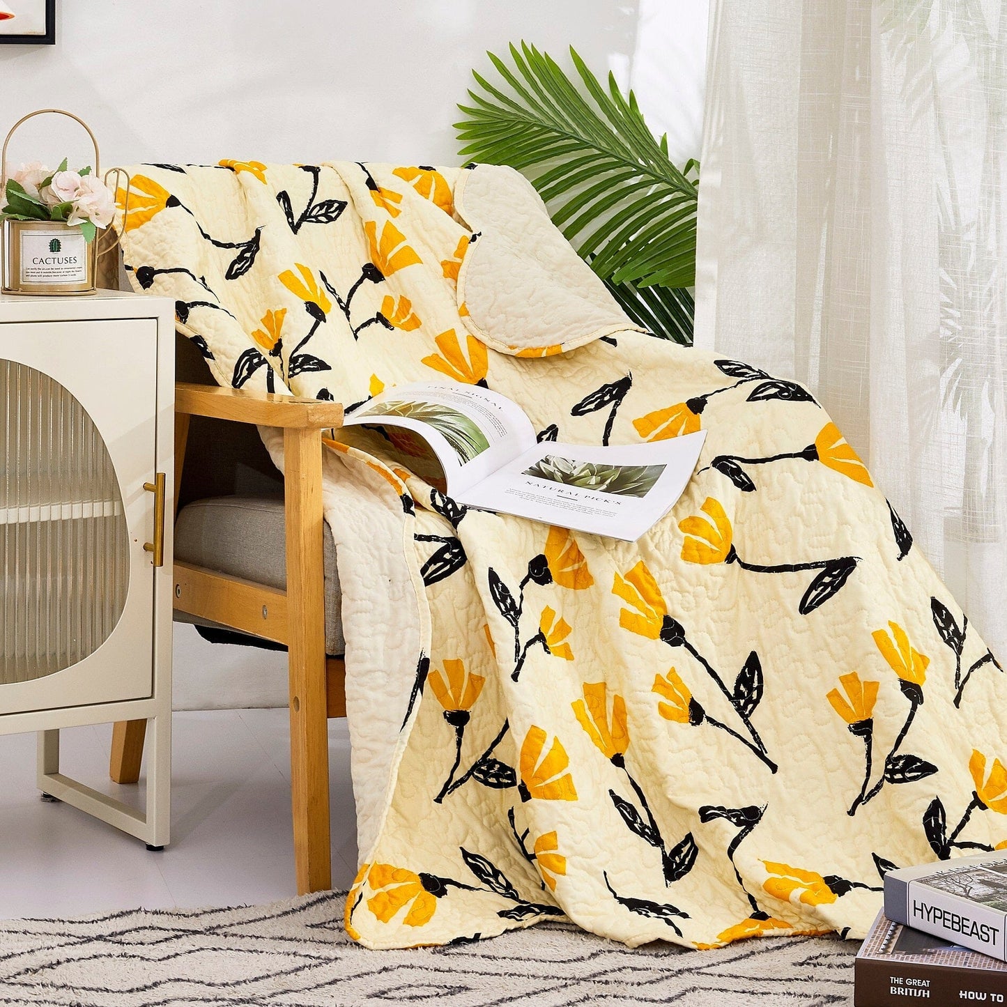 Botanical Floral Throw Blanket - Quilted Yellow Fleur Golden Orange Spring Time Tulips - Scalloped Edges Bright Vibrant Ivory Cream