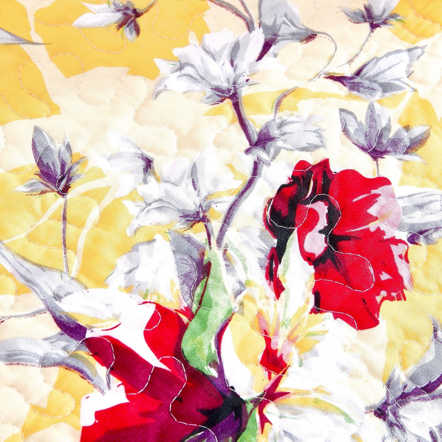 Yellow Floral Quilted Throw Blanket - Hummingbirds Farmhouse Red Flowers for Couch, Sofa or Bed- Scalloped Edges