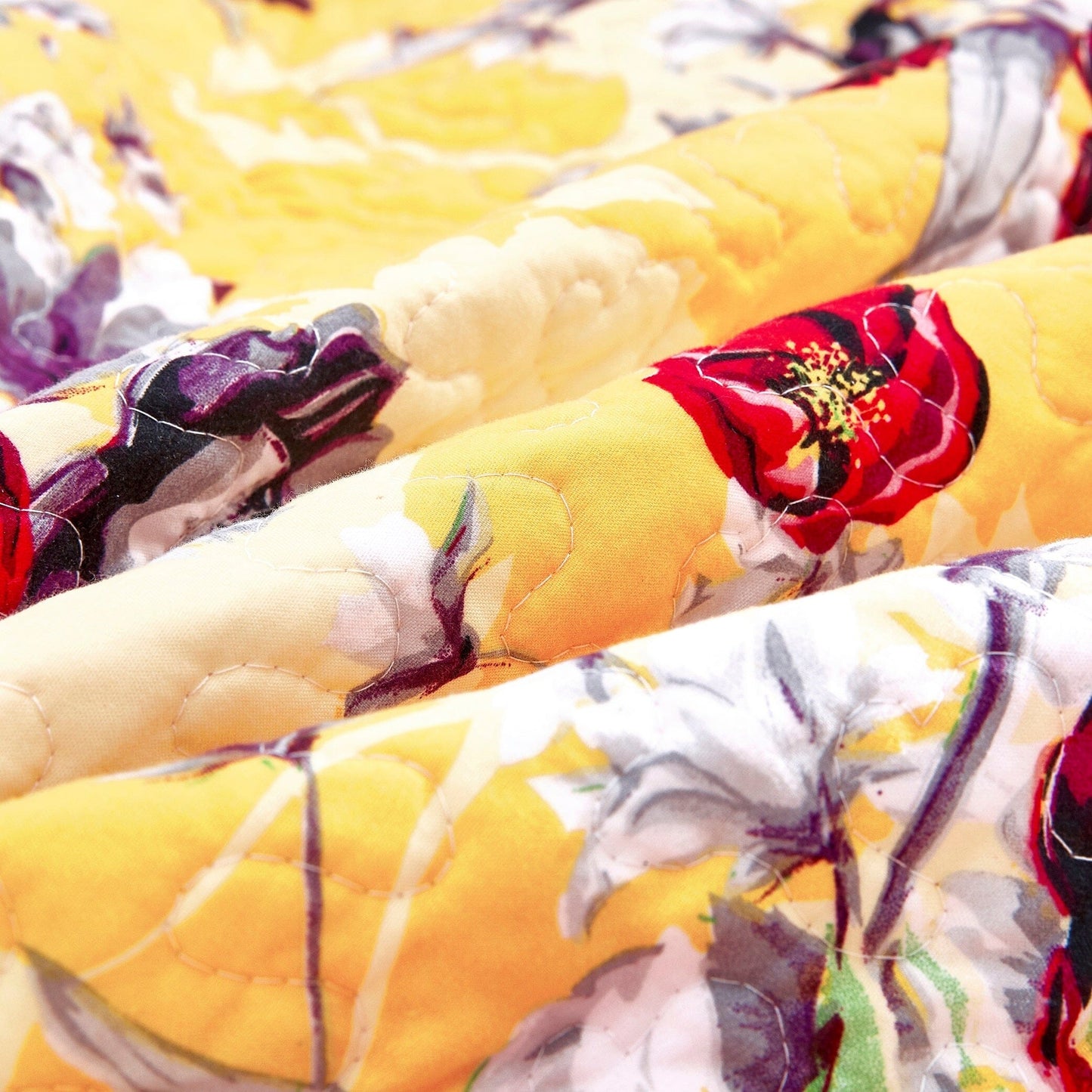 Yellow Floral Quilted Throw Blanket - Hummingbirds Farmhouse Red Flowers for Couch, Sofa or Bed- Scalloped Edges