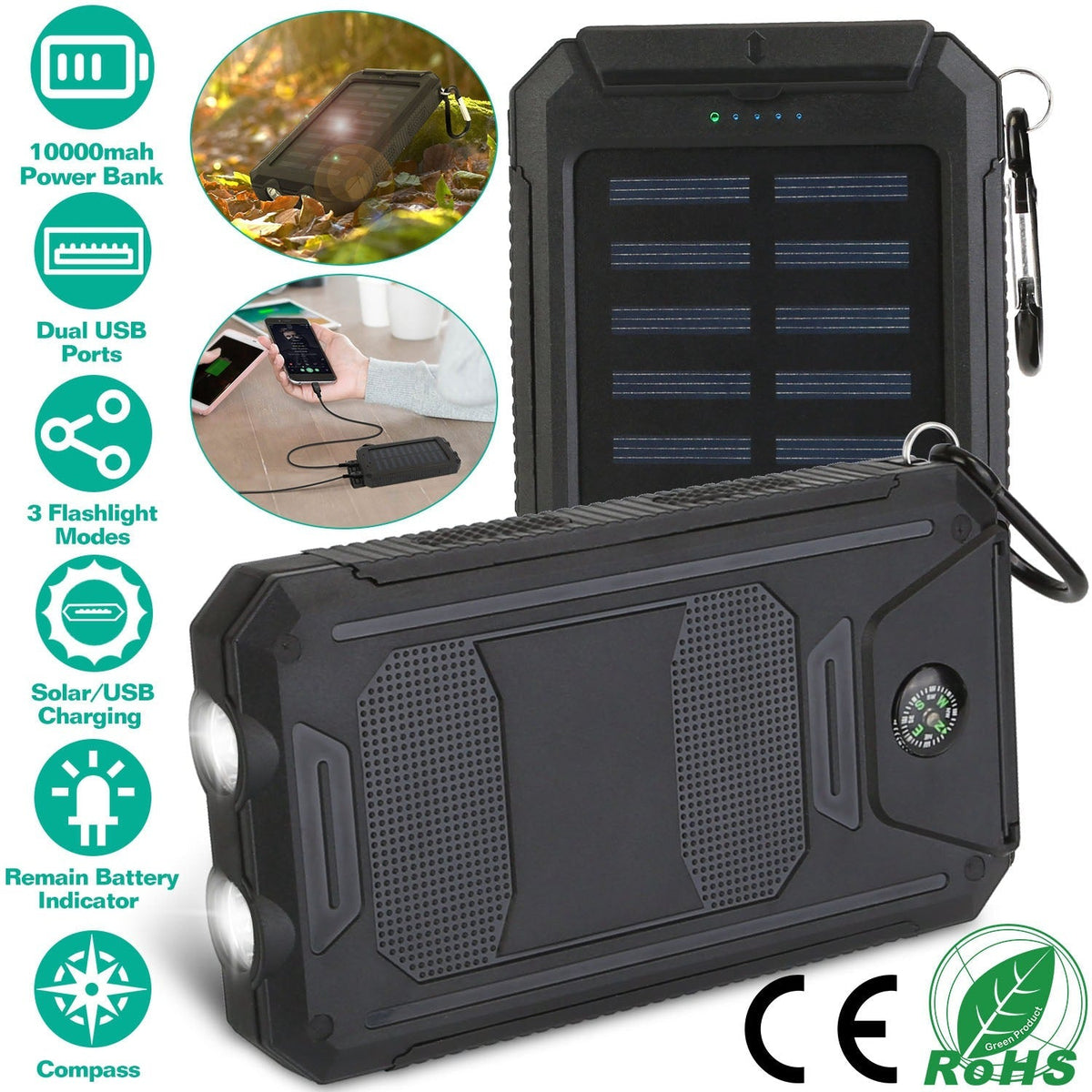 10000mAh Solar Power Bank – Dual USB Outdoor Portable Charger