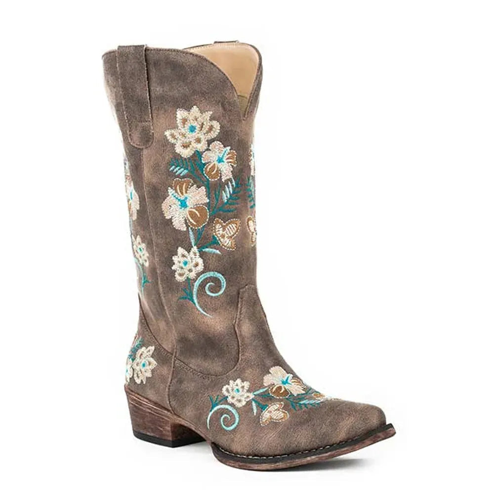 Brown cowboy boot with floral embroidery on a white background
