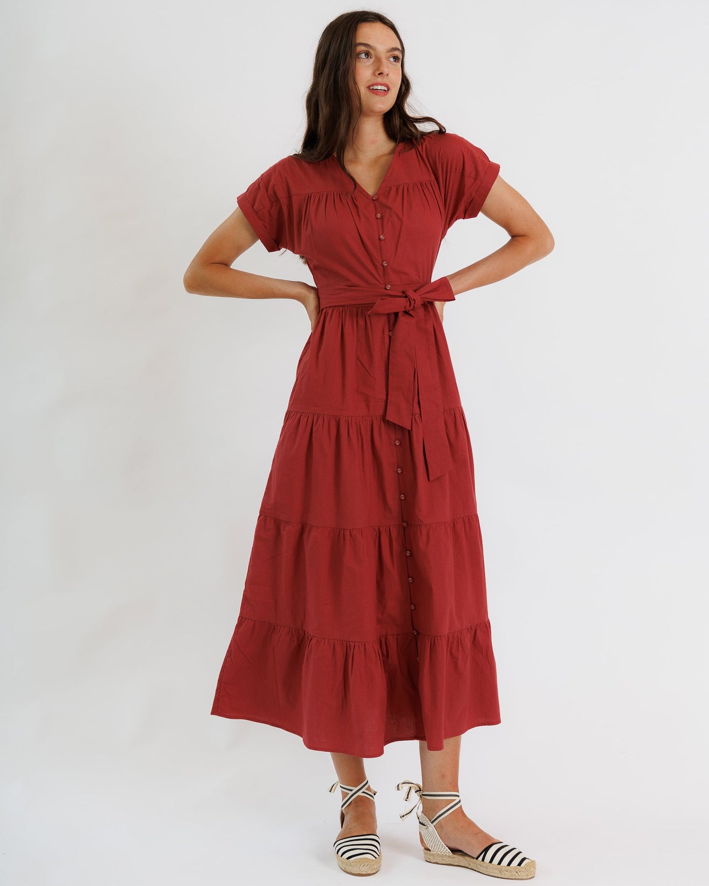 Downeast Dina Dress Maxi V-Neck A-Line Sash at Waist Button Down
