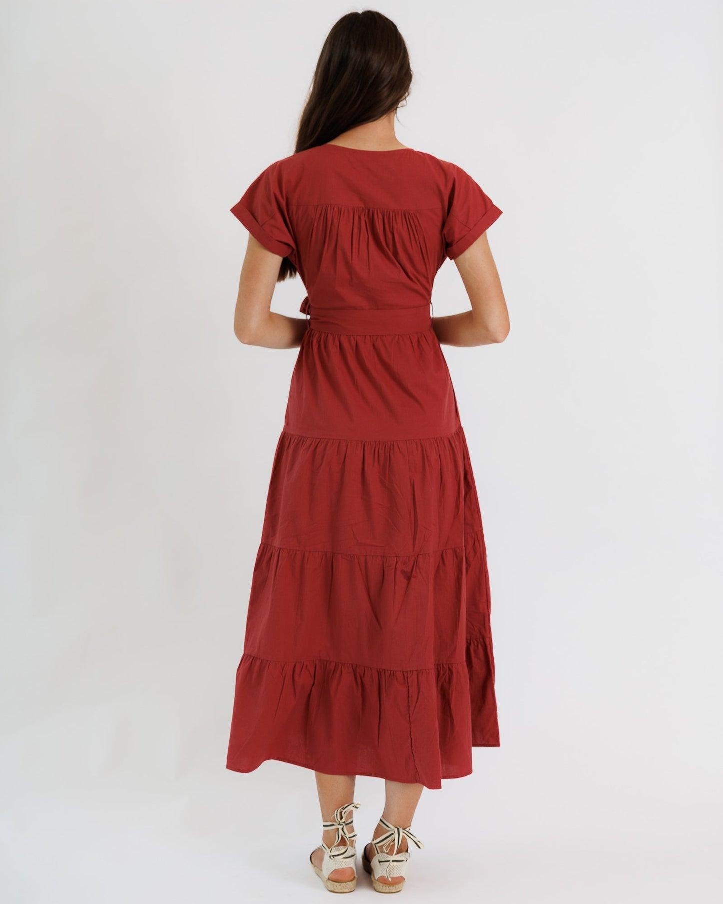 Downeast Dina Dress Maxi V-Neck A-Line Sash at Waist Button Down