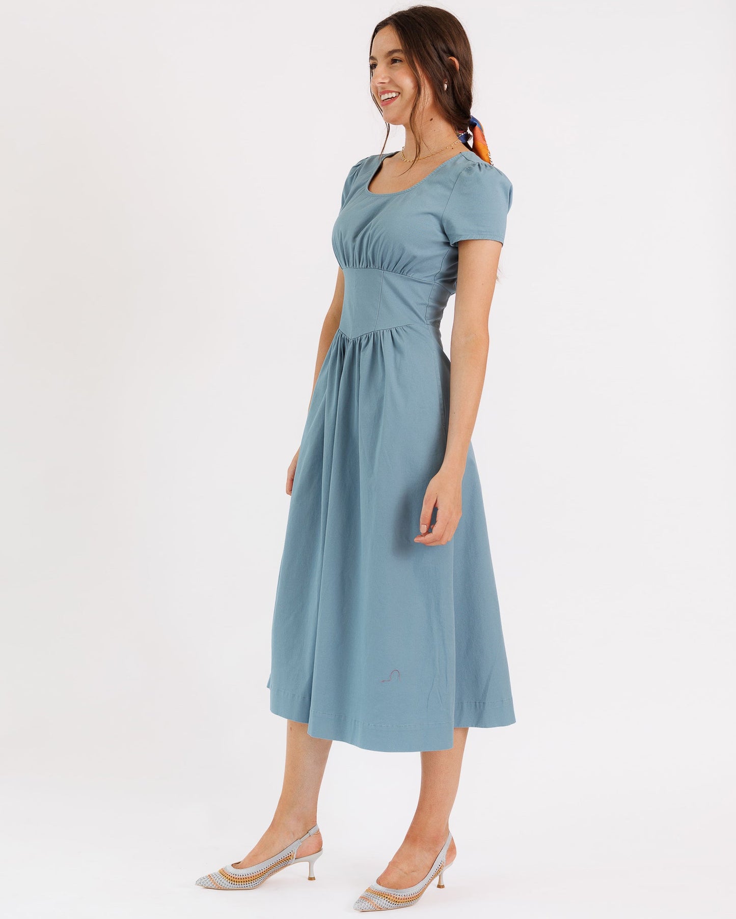 Lena Dress 100% Cotton Midi Length Square Neckline