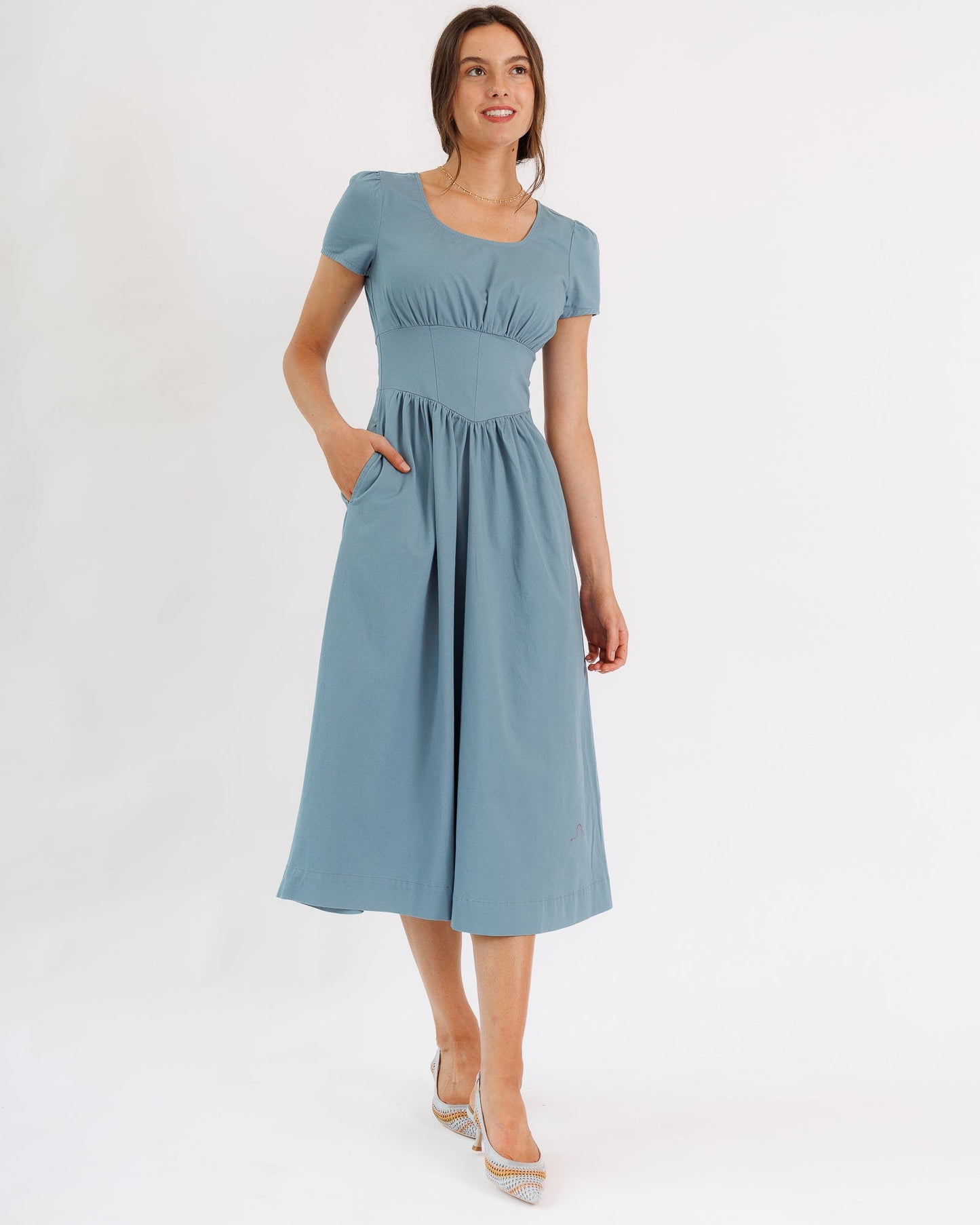 Lena Dress 100% Cotton Midi Length Square Neckline