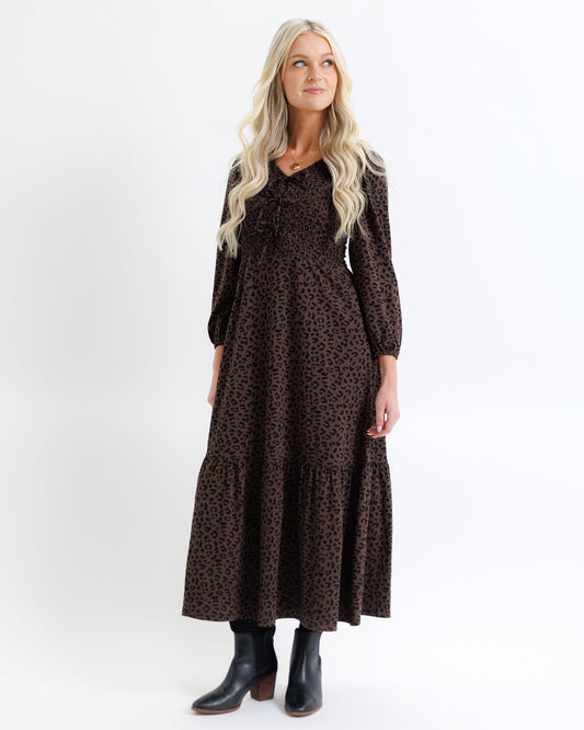 Dark Animal Print V-Neck Cotton Maxi