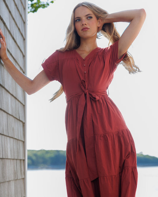 Downeast Dina Dress Maxi V-Neck A-Line Sash at Waist Button Down