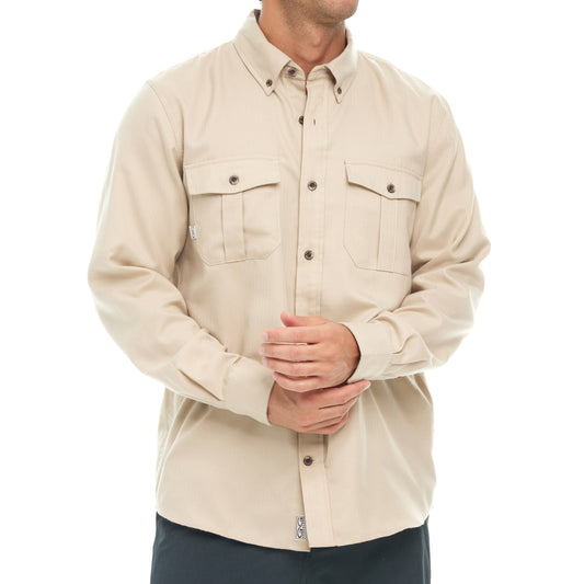 Beige long-sleeve shirt worn by a person on a white background