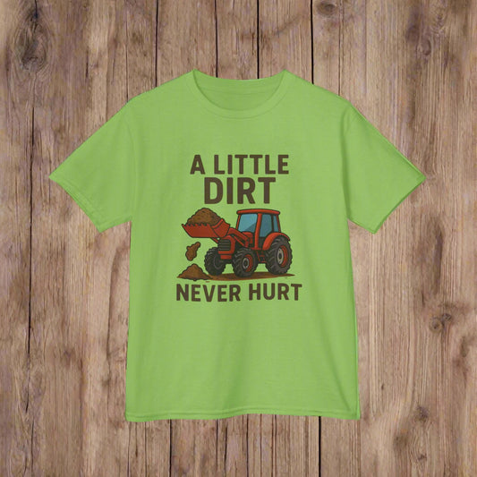Green t-shirt with a graphic of a bulldozer and text 'A Little Dirt Never Hurt' on a white background
