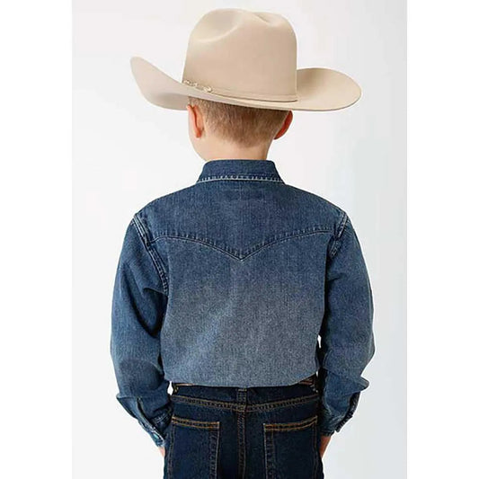 Stetson Medium Weight Denim Long Sleeve (Blue) - Boy's Western Shirt