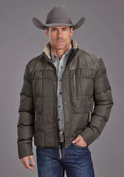 Stetson Novelty Solid Quilted (Grey) - Men's Nylon and Leather Yoke Jacket