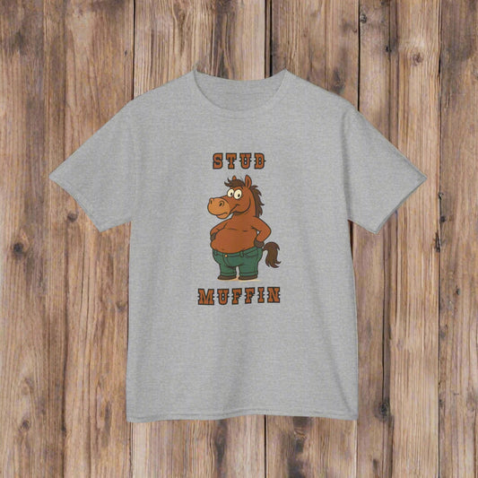 Gray t-shirt with a cartoon horse graphic and text on a white background