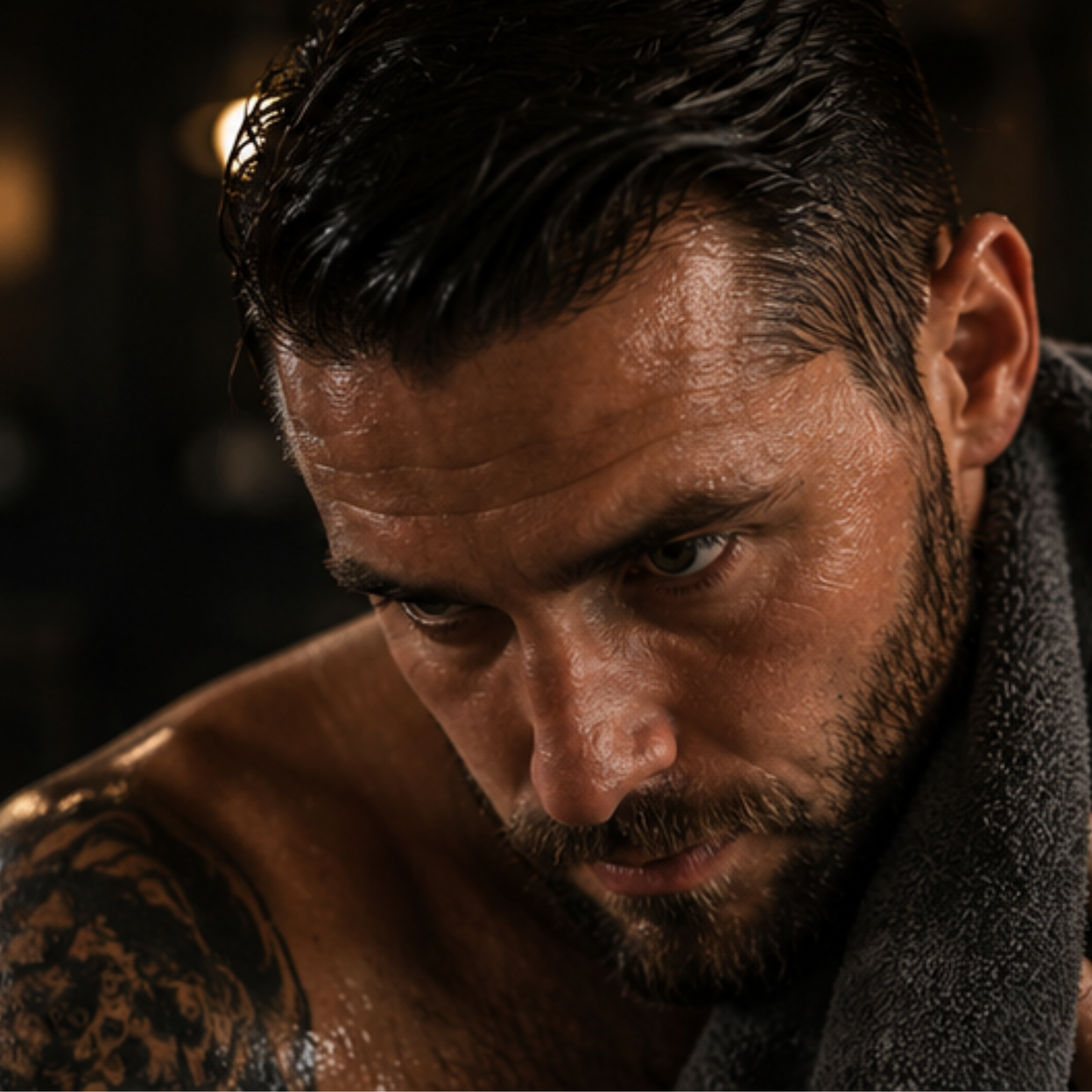 Man with tattoos and a towel around his neck against a dark background