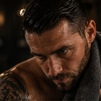 Man with tattoos and a towel around his neck against a dark background