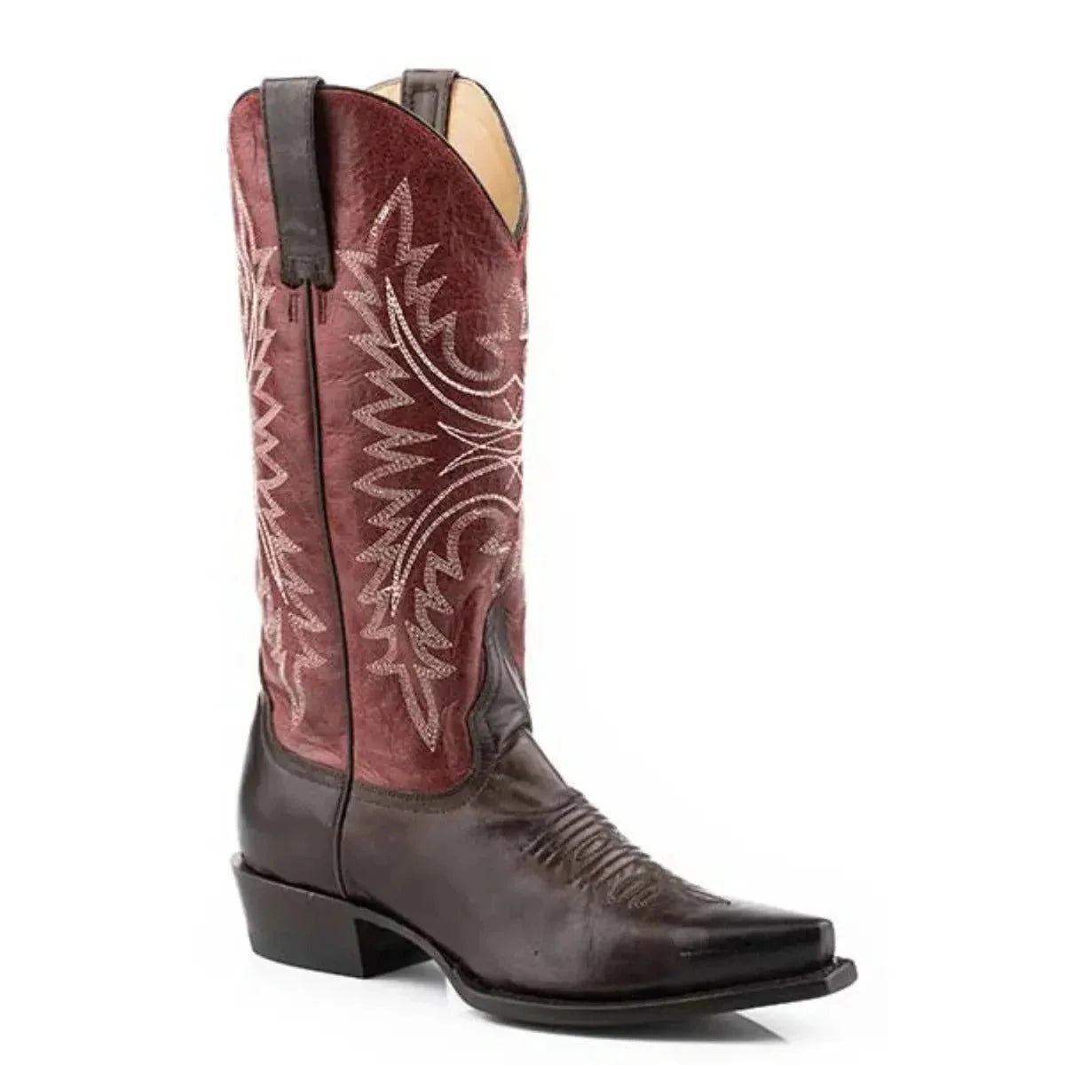 Brown and red cowboy boot with intricate white embroidery on a white background