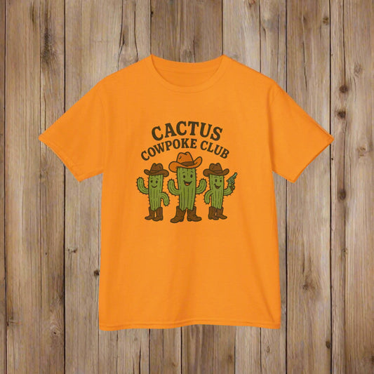 Orange t-shirt with 'Cactus Cowpoke Club' graphic on a white background