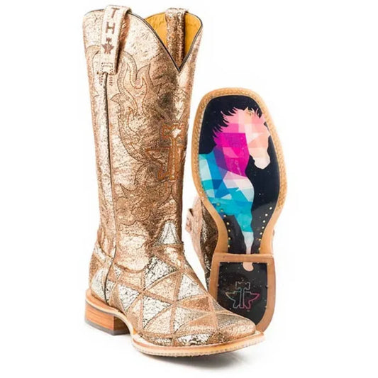 Gold glittery cowboy boot with colorful insole on a white background
