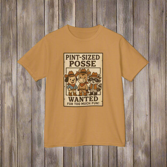 Brown t-shirt with cartoon characters and text on a white background