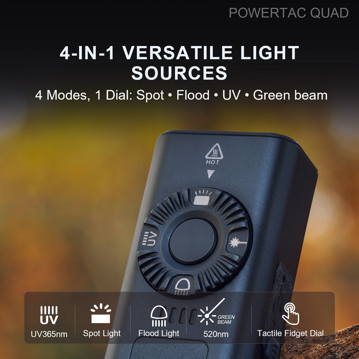 PowerTac QUAD 2000 Lumen 4-in-1 EDC Flashlight with UV & Green Laser