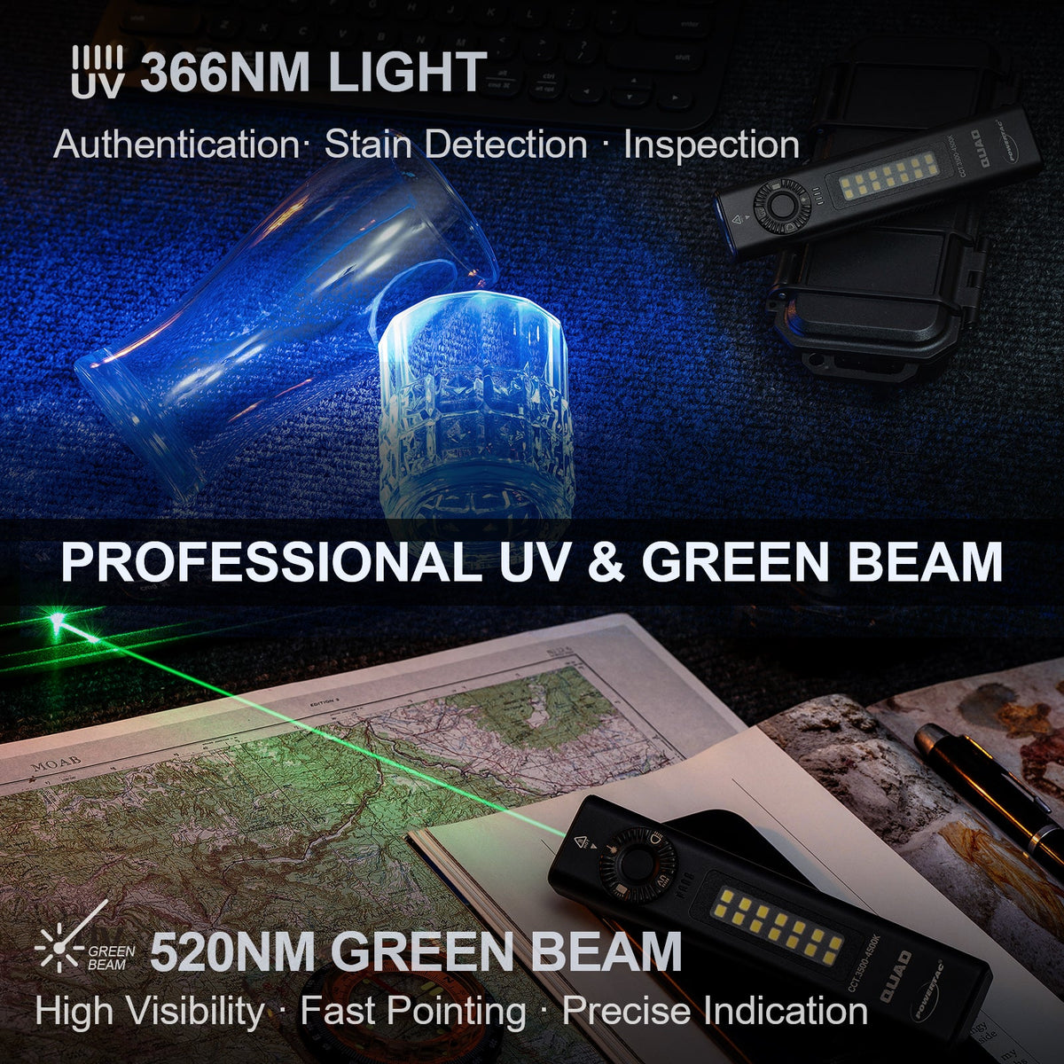 PowerTac QUAD 2000 Lumen 4-in-1 EDC Flashlight with UV & Green Laser