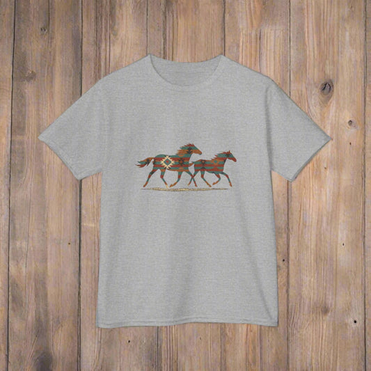 Gray t-shirt with a graphic of two horses on a white background