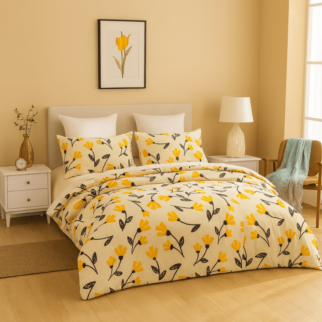 Yellow Fleur Floral Golden Orange Ivory Duvet Cover Set w/ Pillow Cases