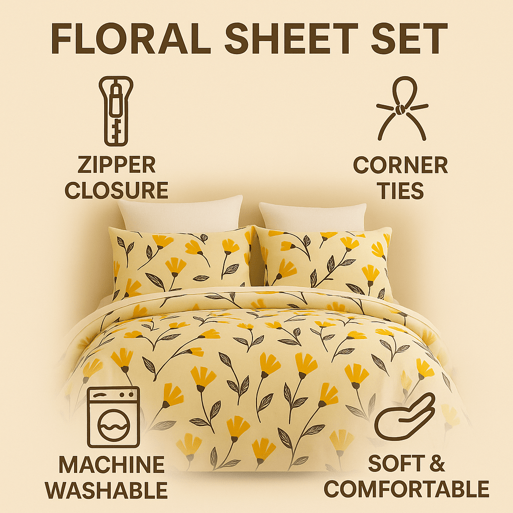 Yellow Fleur Floral Golden Orange Ivory Duvet Cover Set w/ Pillow Cases